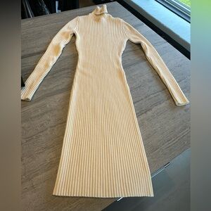 Elegant Cream Ribbed Turtleneck Dress